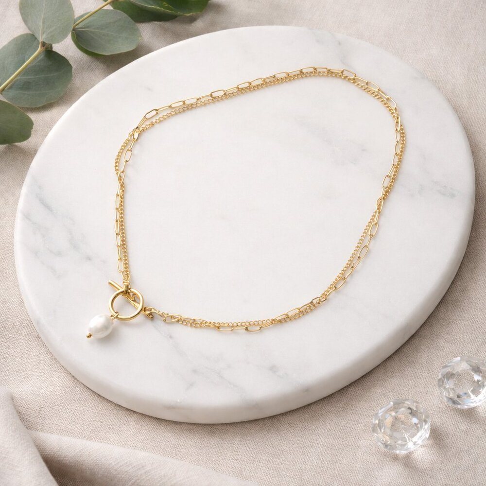 18K Gold Plated Steel Pearl Toggle Necklace Minimalist Water Resistant Gift - Picture 7 of 16